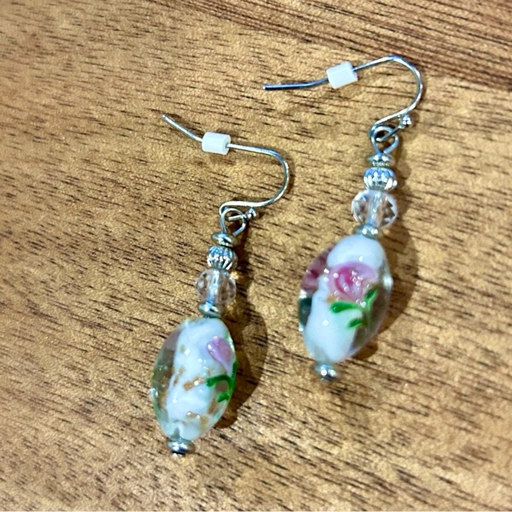 Glass Bead Dangle Hook Earrings Floral Romantic Boho Chic Cottagecore